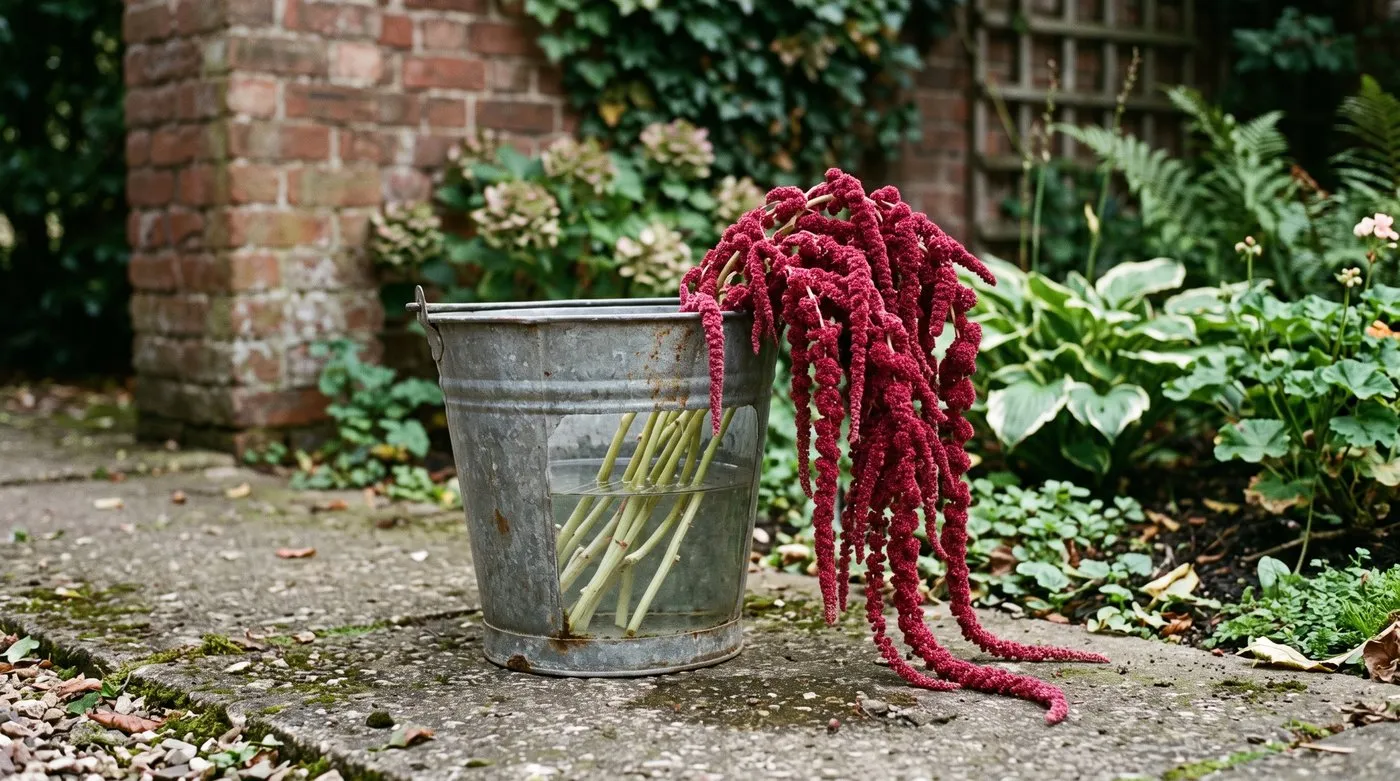 Cut amaranthus stems standing in a galvanised bucket of water with lower leaves stripped, ready for conditioning