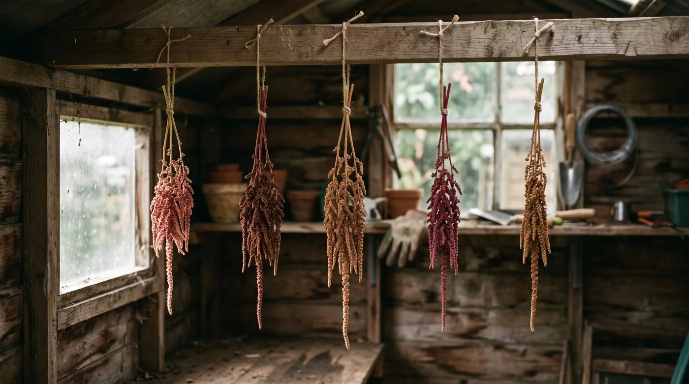 Bunches of amaranthus tassels hanging upside down to dry from a wooden rafter in a dim airy shed