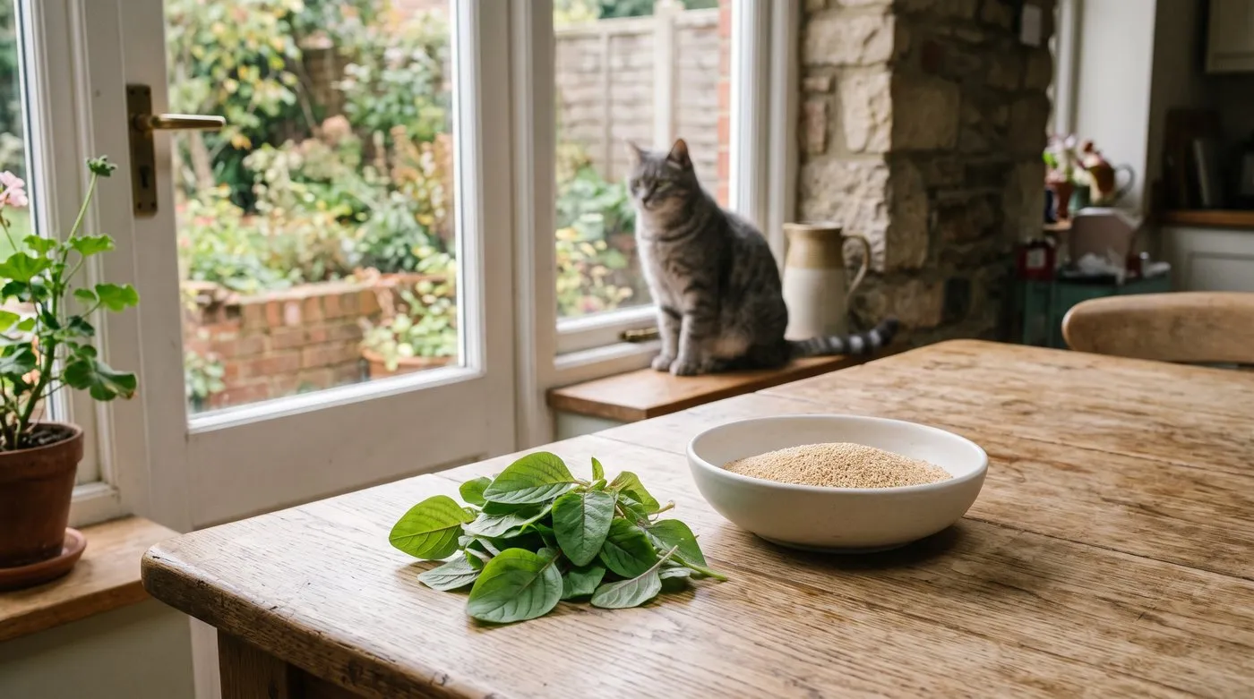 Amaranthus leaves and a bowl of harvested amaranth grain on a wooden kitchen table with a tabby cat on the windowsill behind