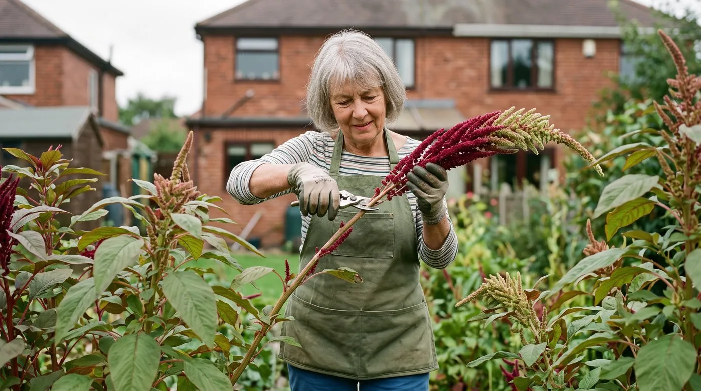 A white British woman in her sixties cutting a coloured amaranthus tassel with secateurs in a Leicester suburban garden