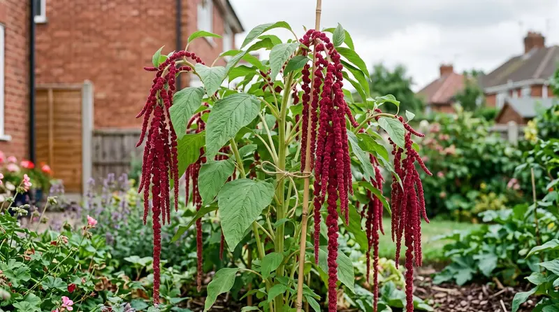 Amaranthus caudatus love-lies-bleeding in flower, long crimson rope-like tassels hanging from an upright plant in a