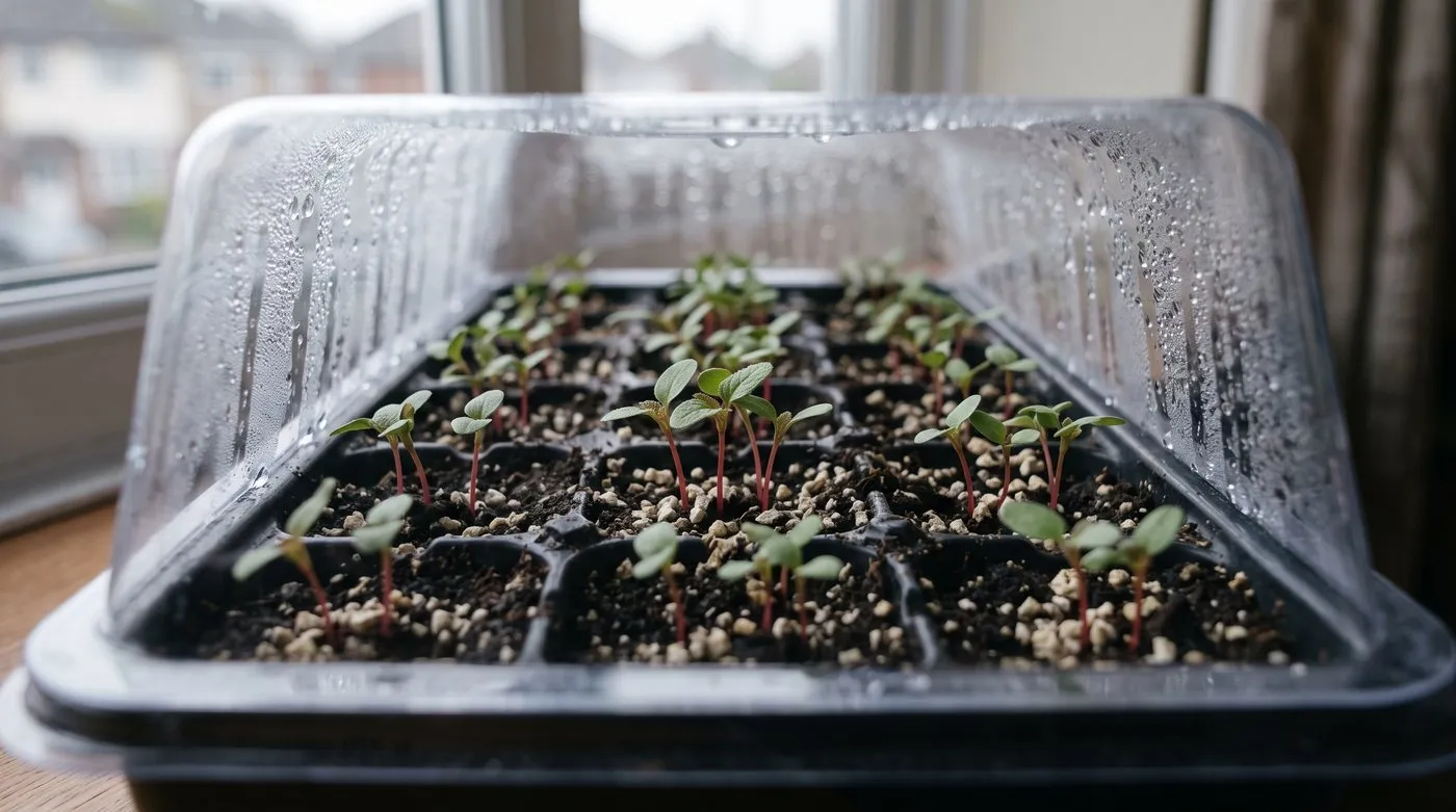 Amaranthus seedlings in a heated propagator, upright red-tinged stems with two true leaves in individual pots