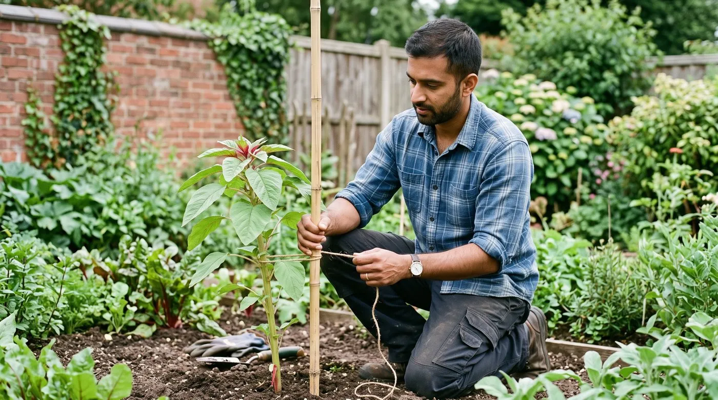 An Indian British man in his thirties tying a tall amaranthus plant to a bamboo cane in a Leicester suburban garden