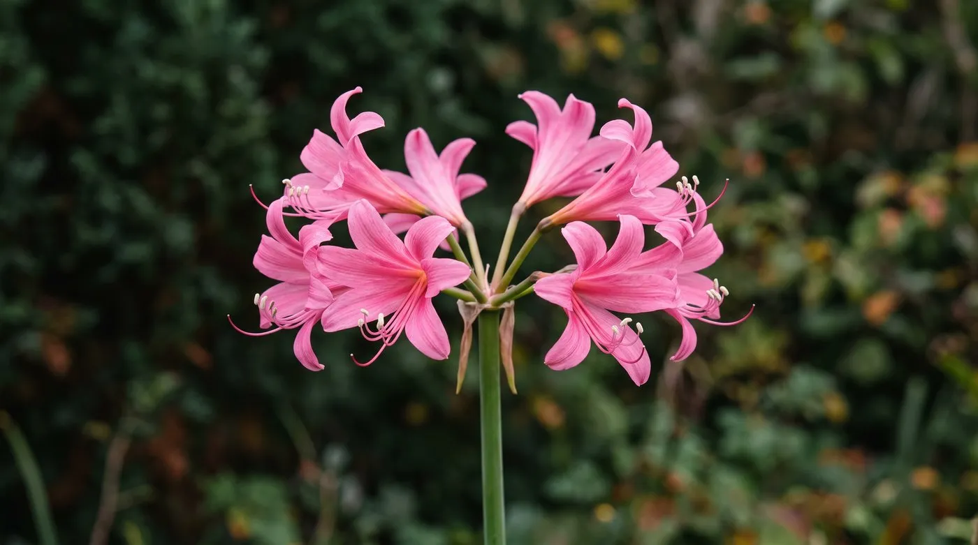 Close-up of an Amarine Belladiva flower head showing eight pink trumpet blooms on a single thick bare stem