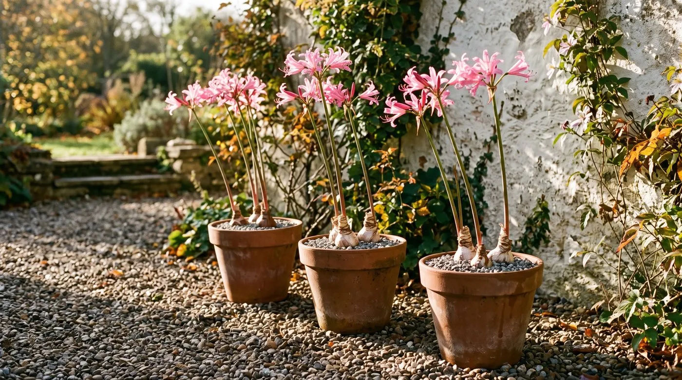 Amarines in terracotta pots on a gravel terrace, grit-topped compost with bulb necks visible above the surface