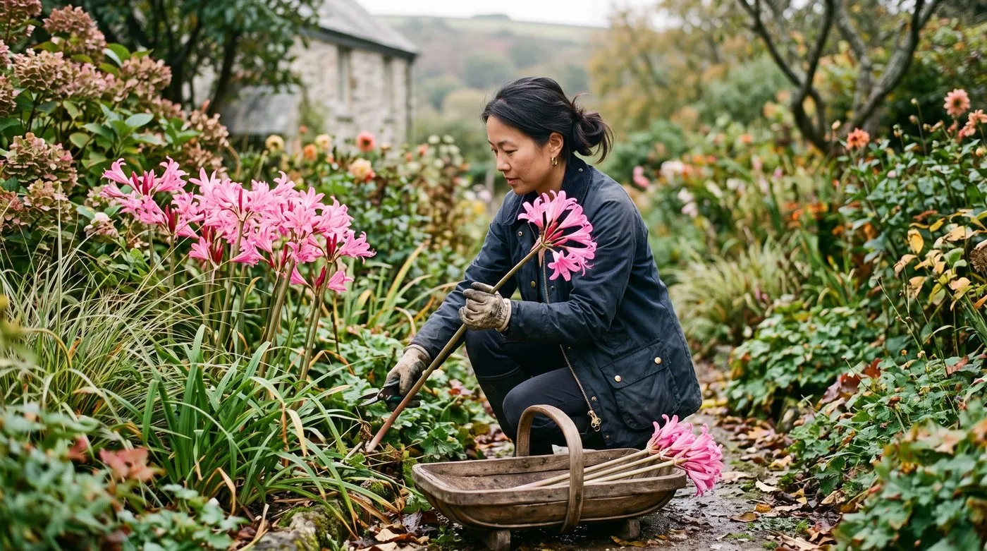An East Asian British woman in her 30s cutting Amarine stems into a trug in an autumn garden
