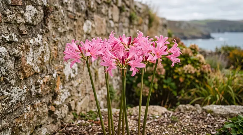 Amarine Belladiva in flower against a stone wall, tall pink trumpet blooms on bare stems in an autumn UK garden