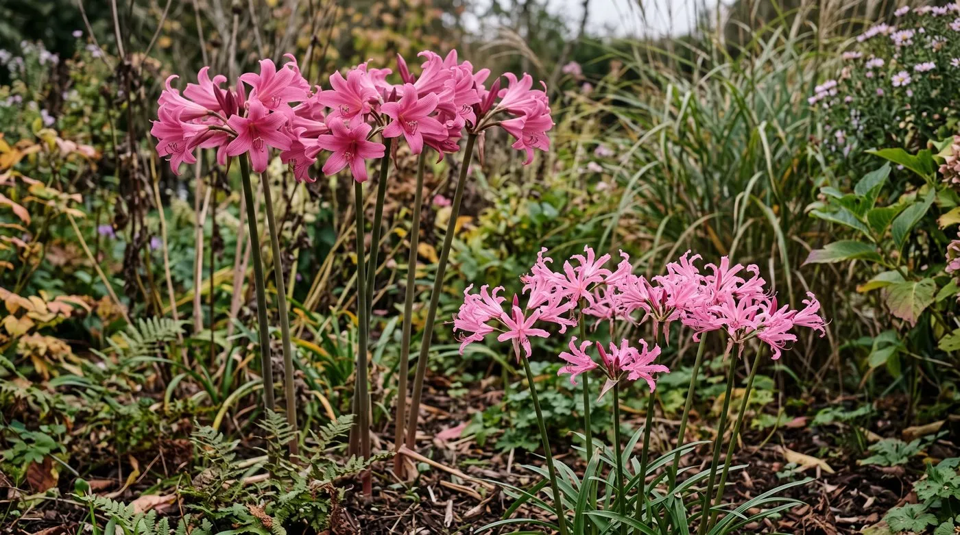 Amarine stems beside shorter nerine stems in the same border, showing the height and flower-size difference