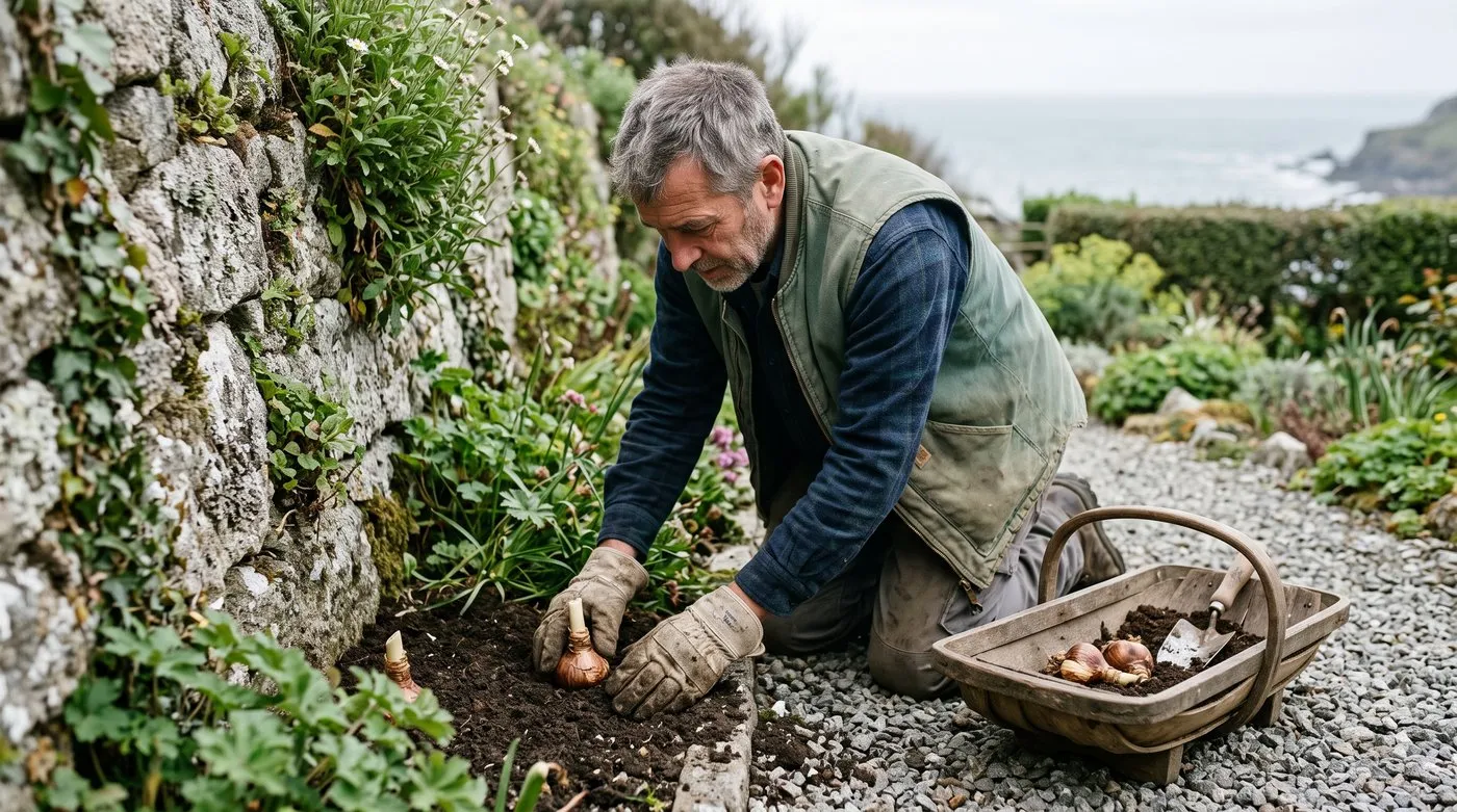 A white British man in his 50s kneeling on gravel, planting Amarine bulbs with the necks left proud of the soil