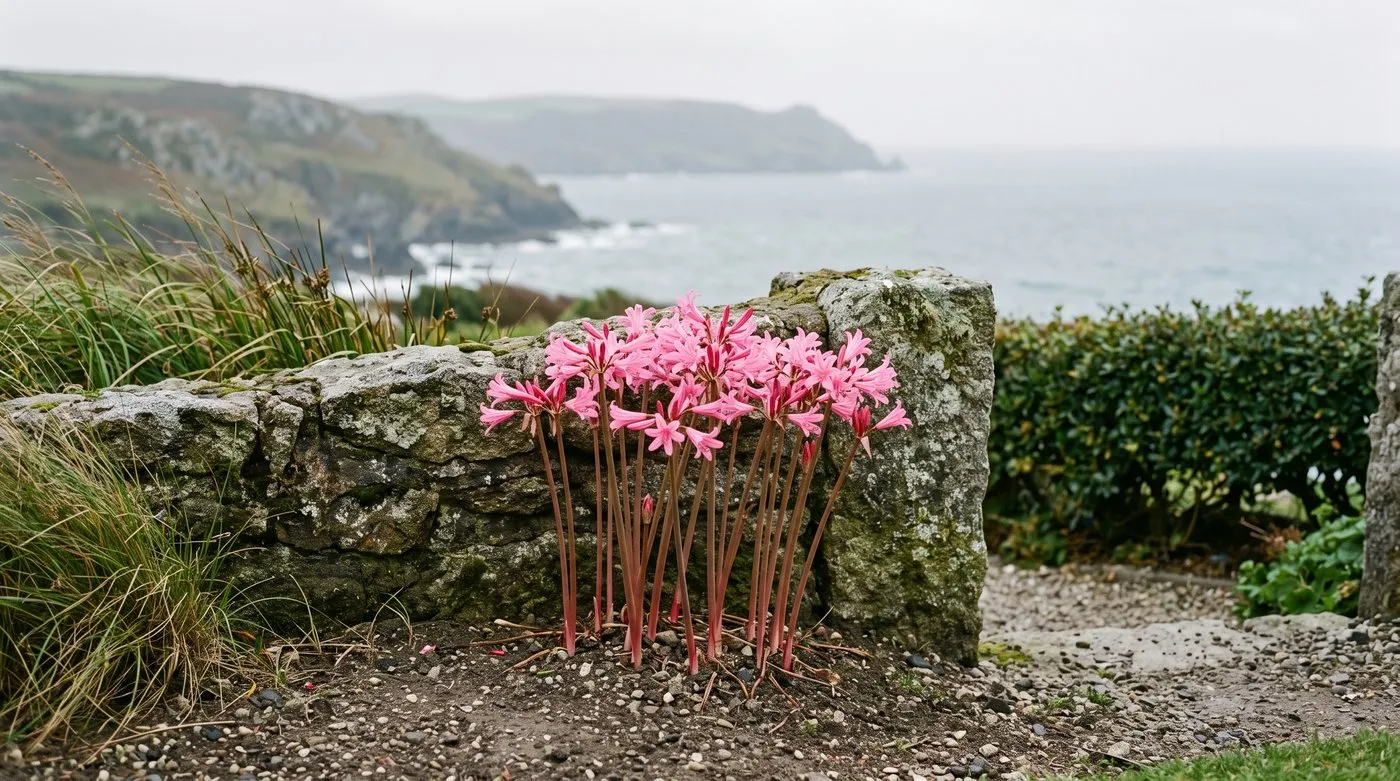 Amarine clump flowering at the foot of a granite wall in a south Cornwall seaside garden with the sea beyond