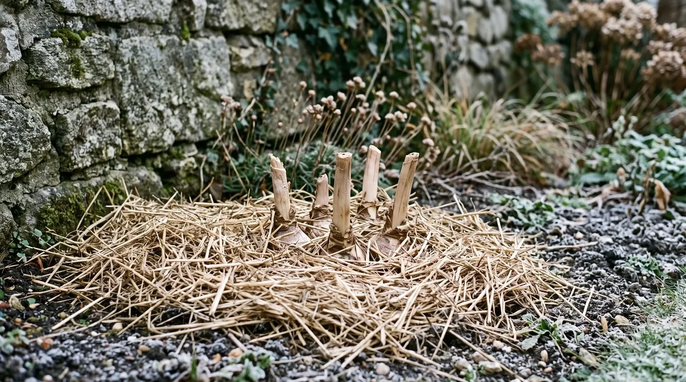 Amarine bulb necks visible above a dry straw mulch in a December border with frost on the surrounding soil