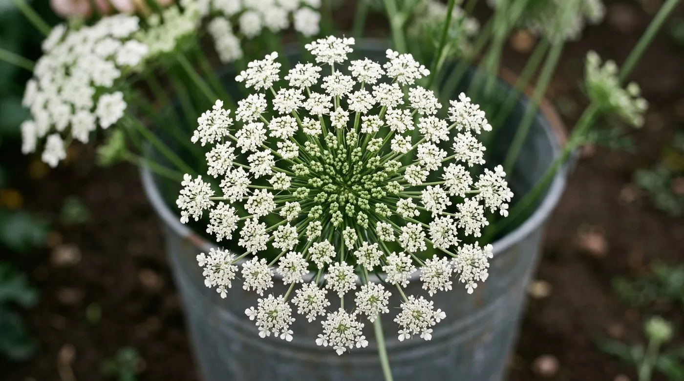 Cut Ammi majus stems in a bucket beside a plant still in bud, showing the correct cutting stage with most florets open