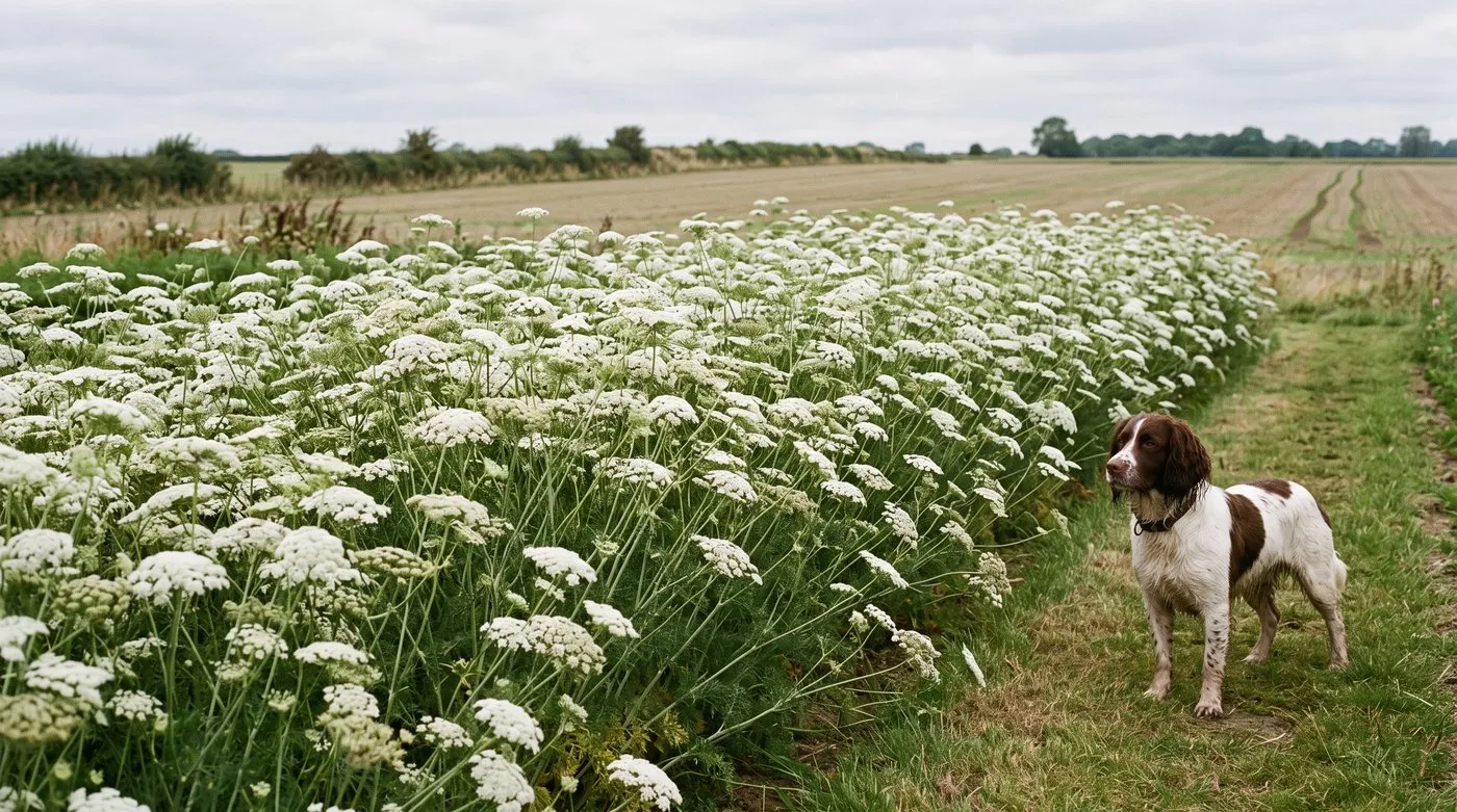 A block of Ammi majus in full flower across a Lincolnshire cut-flower plot with a spaniel on the grass path