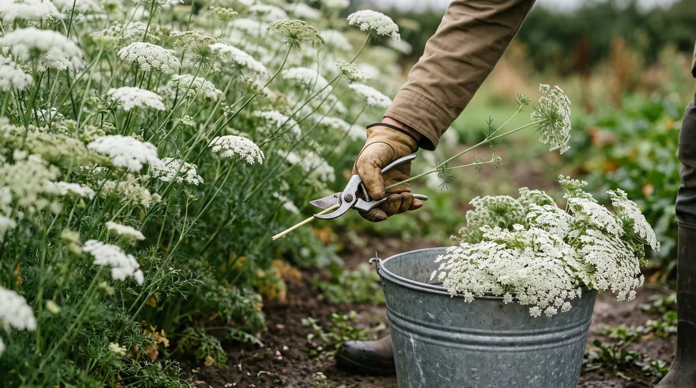 Gloved hands and long sleeves cutting Ammi majus stems into a bucket in a Lincolnshire cut-flower plot