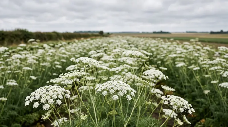 Ammi majus in flower, flat white lace-cap umbels on tall slender stems across a Lincolnshire cut-flower plot