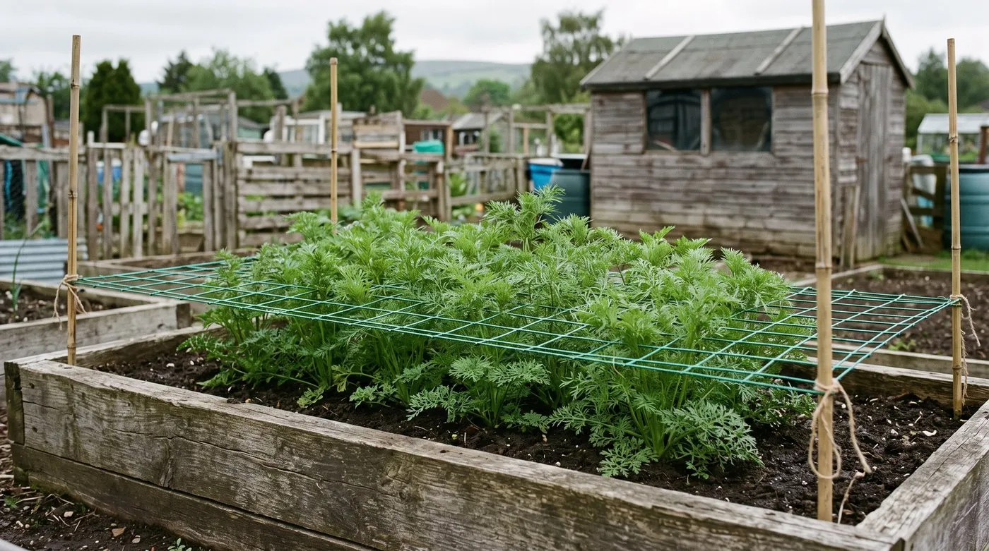 Young Ammi majus plants growing up through horizontal support netting stretched across an allotment bed