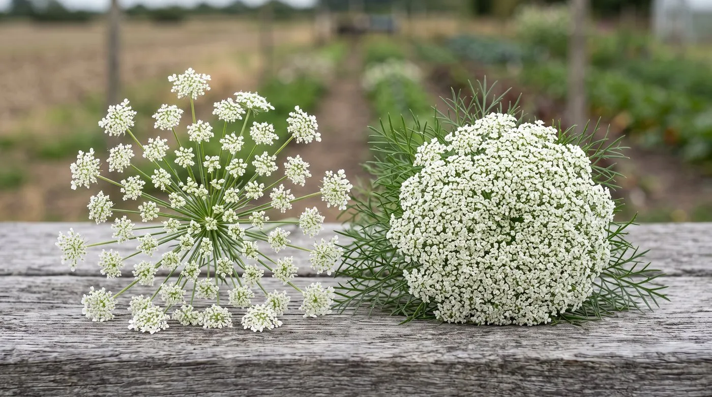 Ammi majus and Ammi visnaga heads side by side, an open lace-cap umbel next to a dense domed head