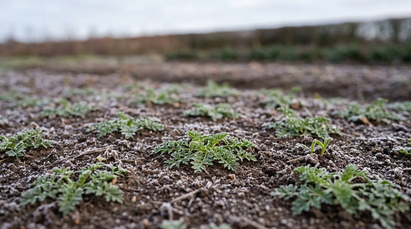 Overwintered Ammi majus seedlings as flat green rosettes on bare soil in February with frost on the ground