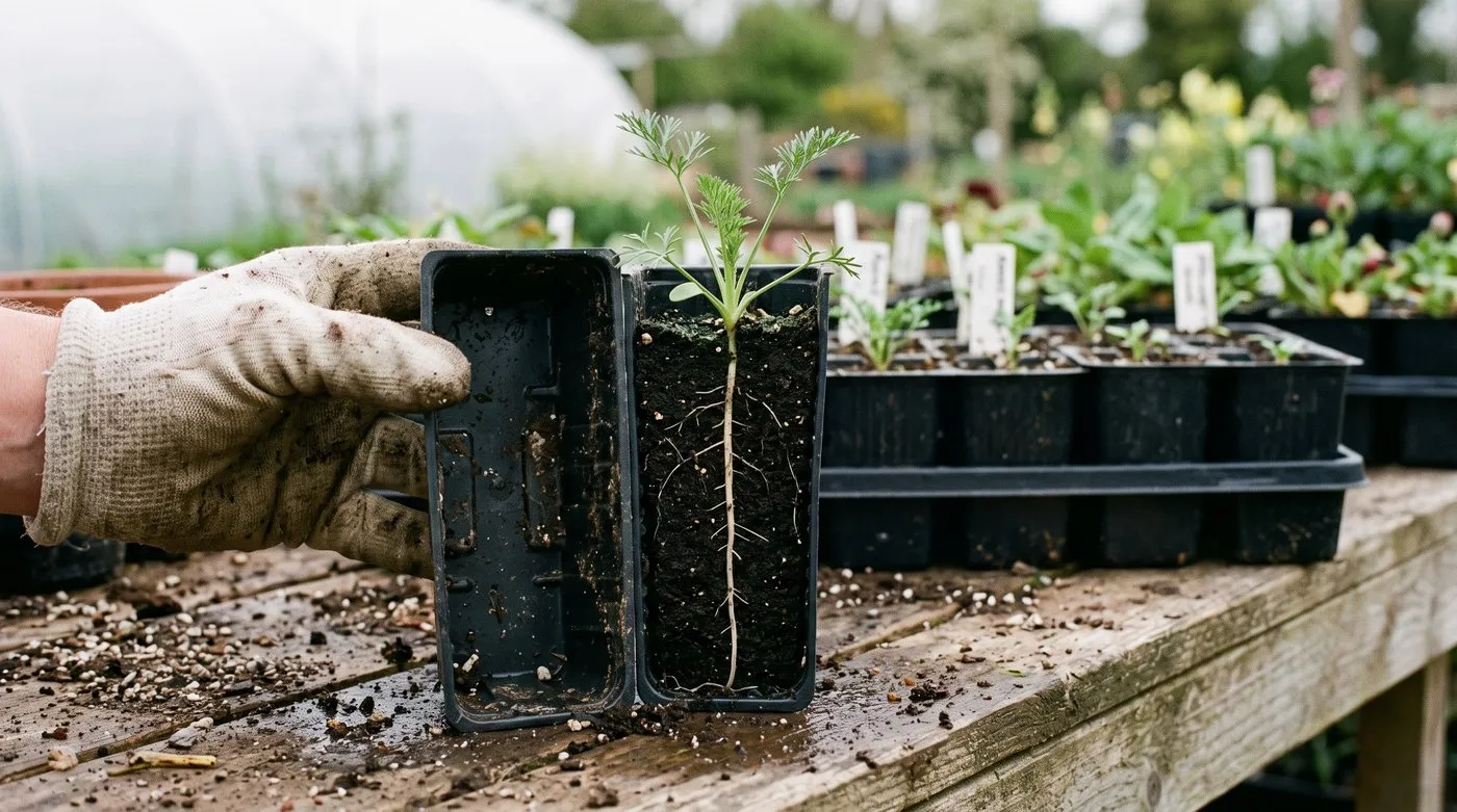 Ammi majus seedlings growing in deep root trainers showing long straight taproots when tipped out