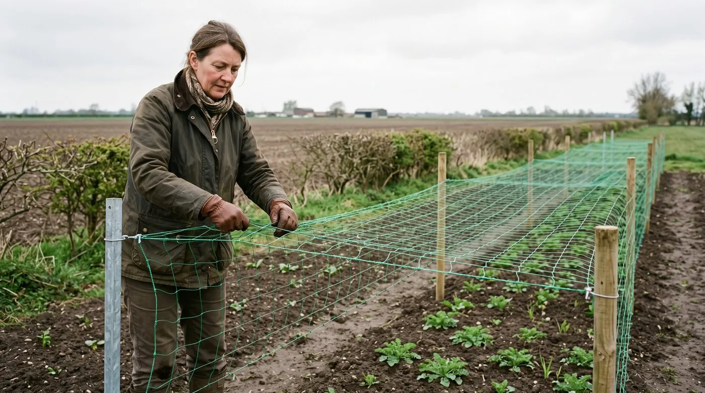 A white British woman in her fifties stretching support netting across a Lincolnshire cut-flower bed in spring