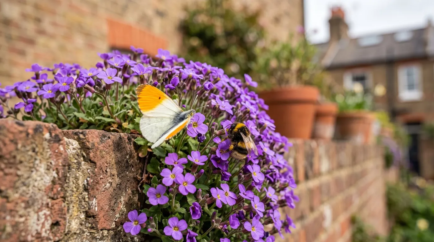 Early spring butterfly and a bee feeding on purple aubrieta flowers on a wall in a London townhouse garden