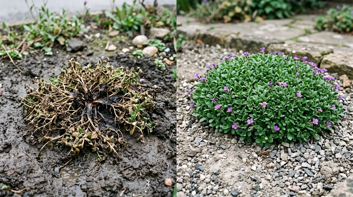 Diagnostic comparison of a collapsed rotting aubrieta plant in wet clay soil beside a healthy dense aubrieta mat growing in grit