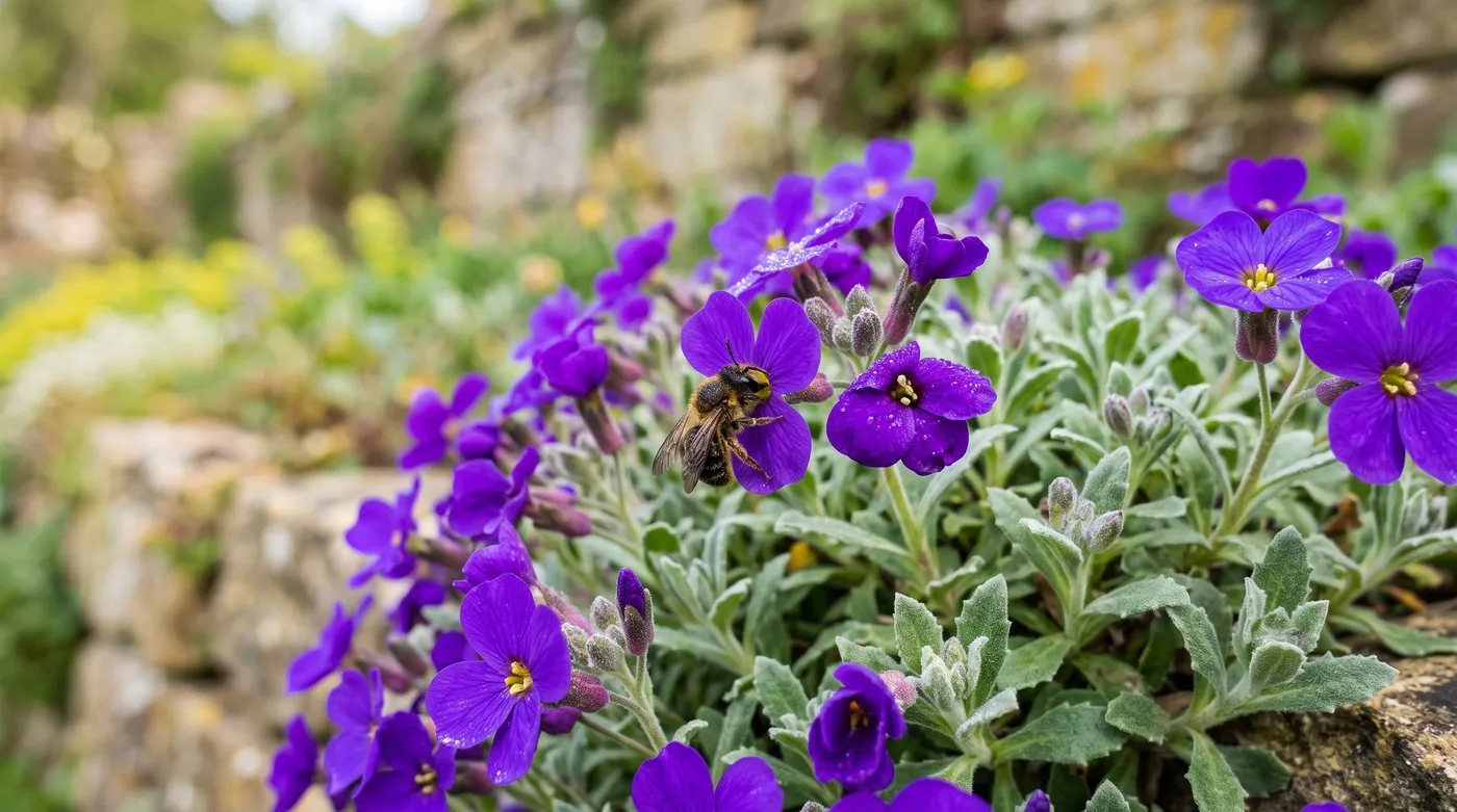 Close-up of aubrieta four-petalled violet flowers with a solitary bee feeding, showing the grey-green mat of foliage below