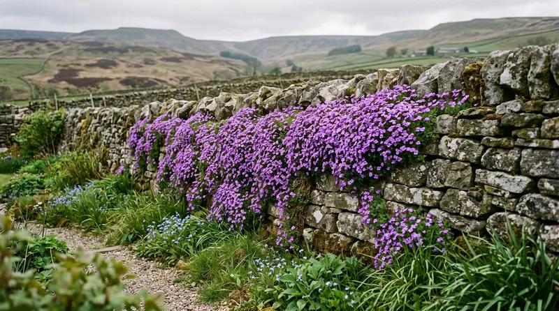Aubrieta rock cress sheeting a dry-stone wall with purple flowers in a Peak District garden in April