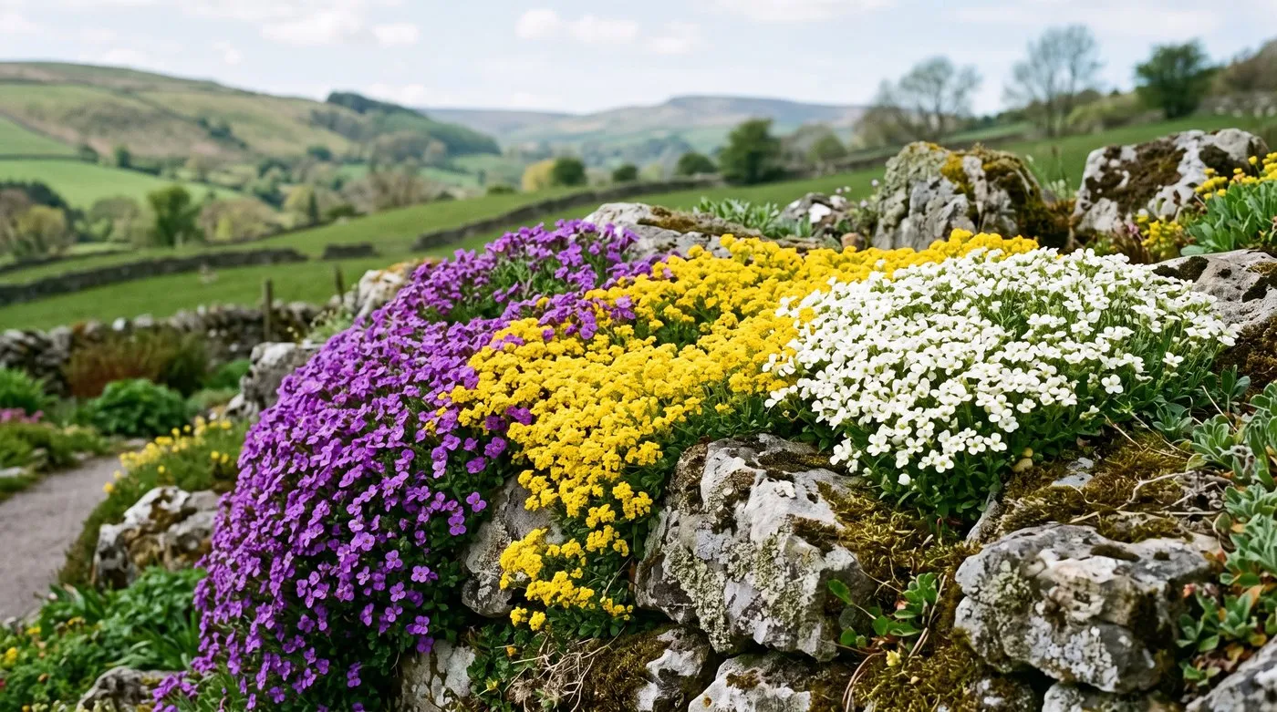 Spring rockery trio of purple aubrieta, gold alyssum and white arabis flowering together on a stone rockery in a Welsh hillside garden