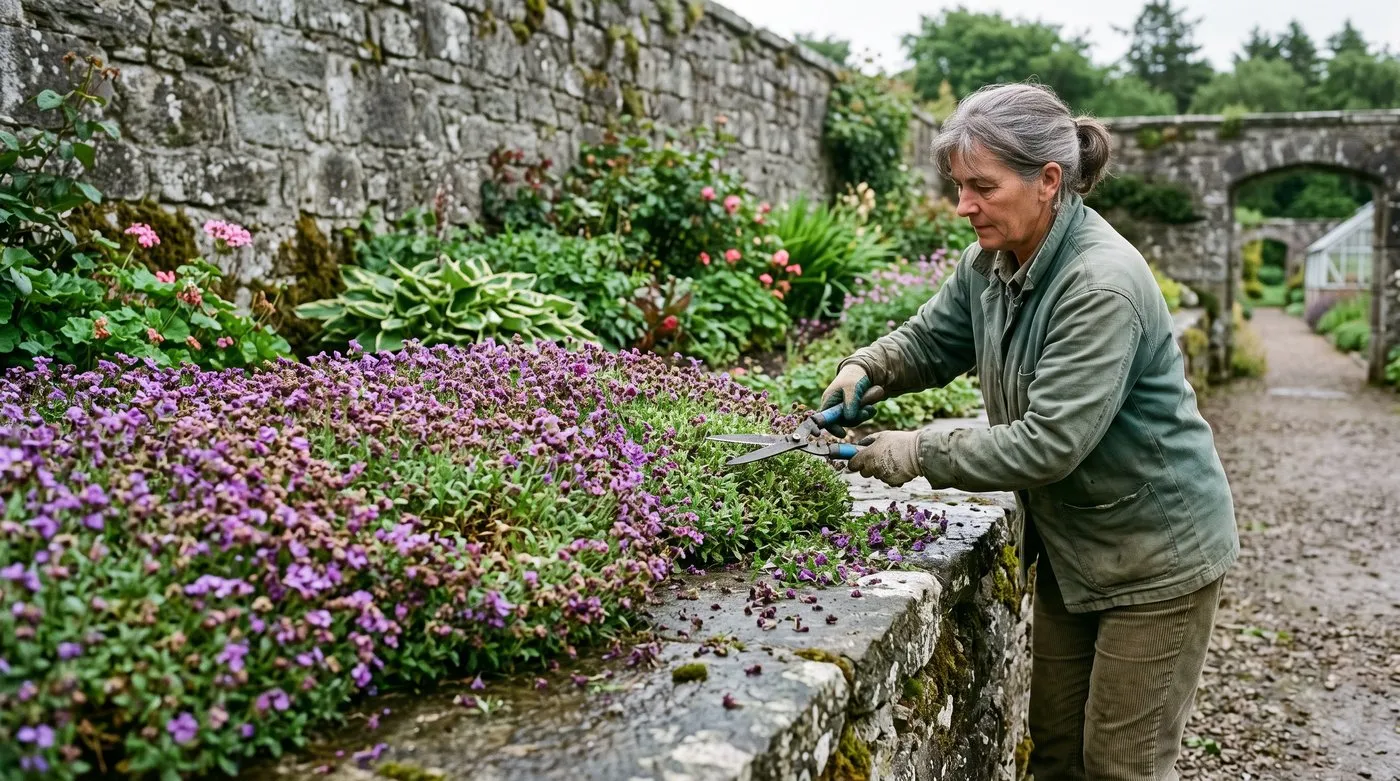 Gardener shearing an aubrieta mat back by half with hand shears after flowering in a Scottish walled garden
