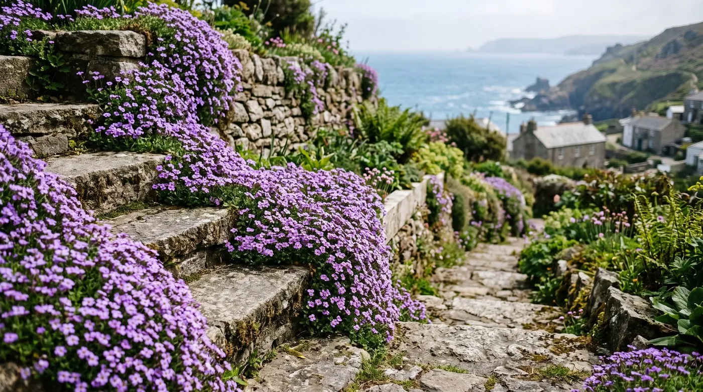 Aubrieta spilling in purple sheets over weathered stone steps and a raised bed edge in a Cornish seaside garden