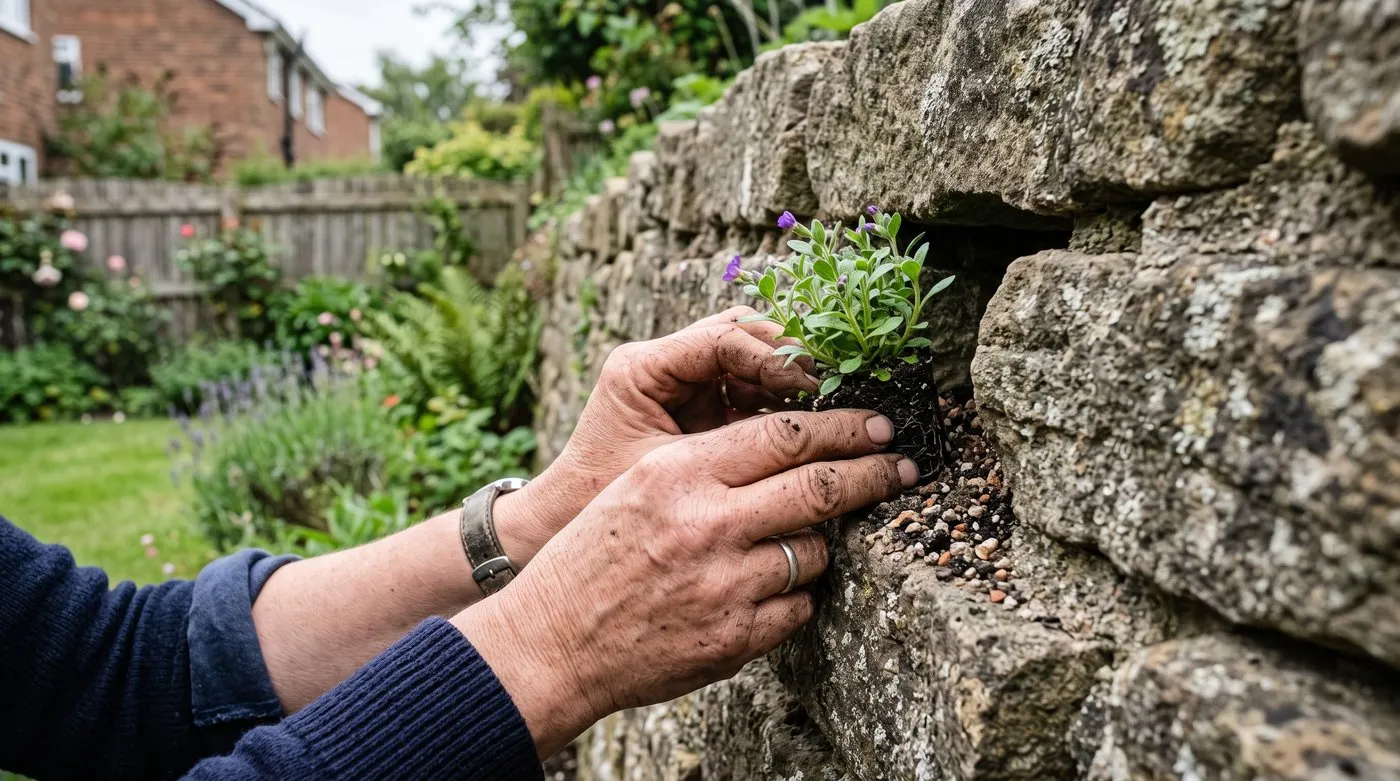 Gardener pressing a young aubrieta plug plant into a gritty pocket of a dry-stone wall in a suburban garden