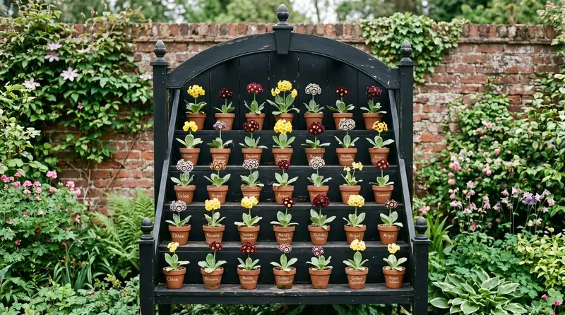 A tiered black auricula theatre filled with potted Primula auricula in flower against a brick garden wall in spring