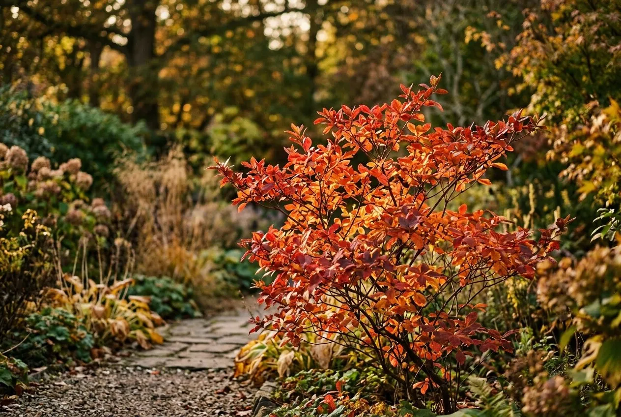Deciduous azalea foliage in fiery red and orange autumn colour in a UK garden in October