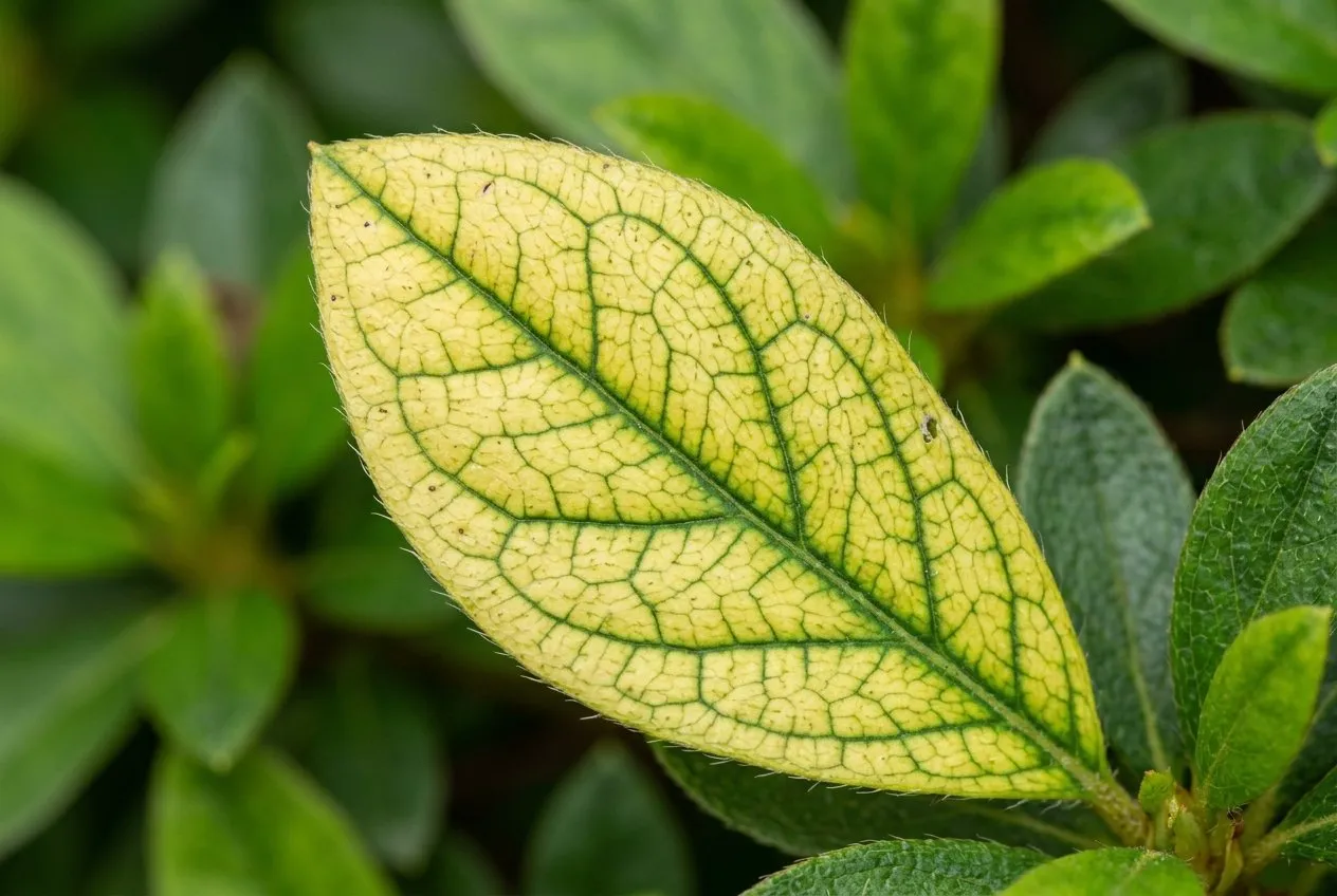 Close-up of an azalea leaf showing pale yellow between clear green veins, lime-induced chlorosis
