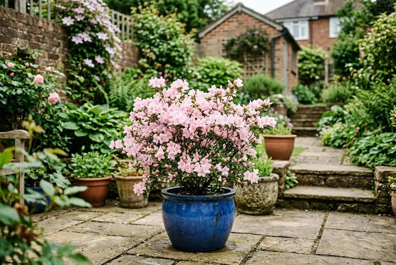 An evergreen azalea in full pink flower growing in a glazed pot on a UK patio