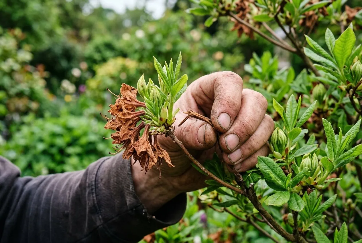 Hands deadheading a spent azalea flower truss with fingers, new shoots visible behind