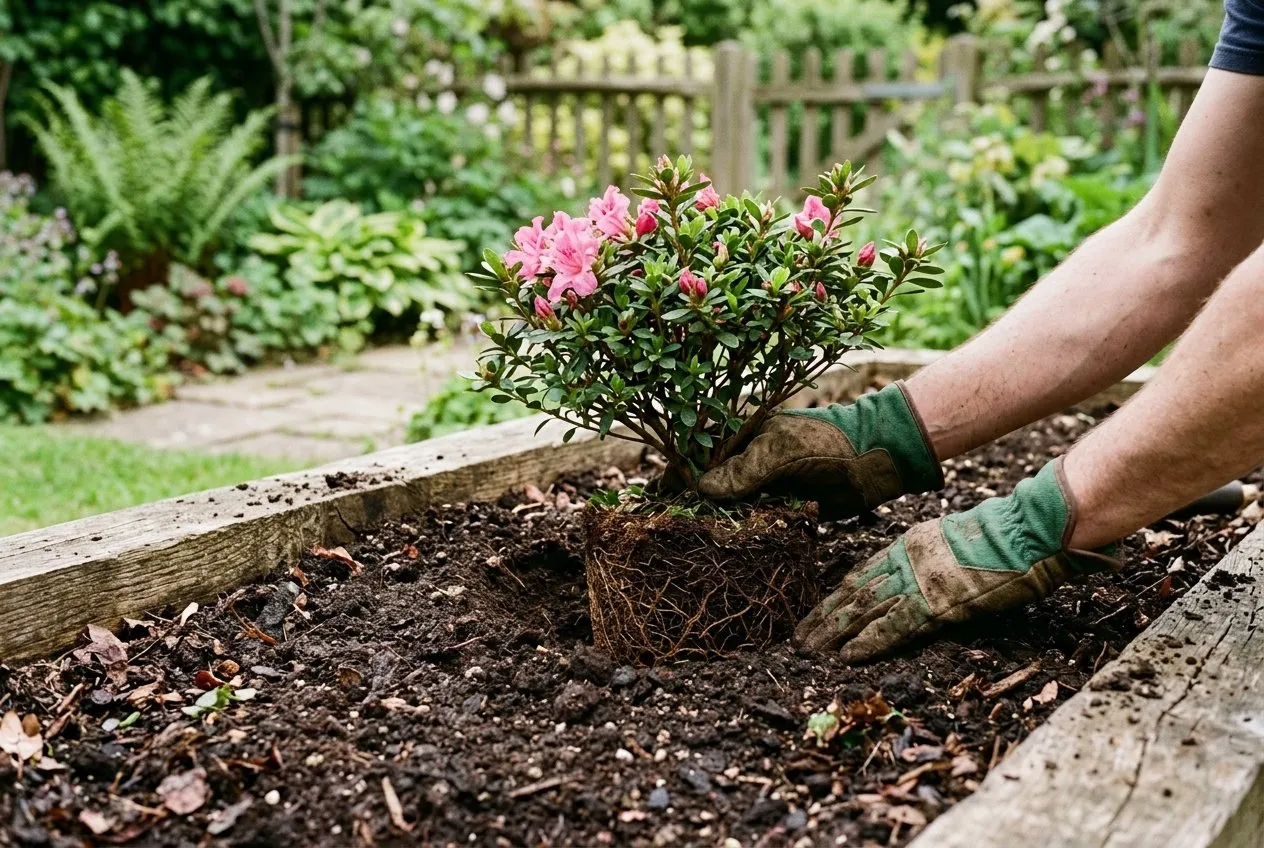 Planting a young azalea shallow into a raised bed of dark ericaceous compost