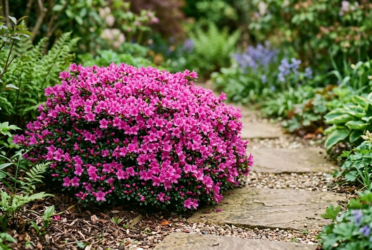 A low evergreen Japanese azalea covered in magenta flowers beside a garden path