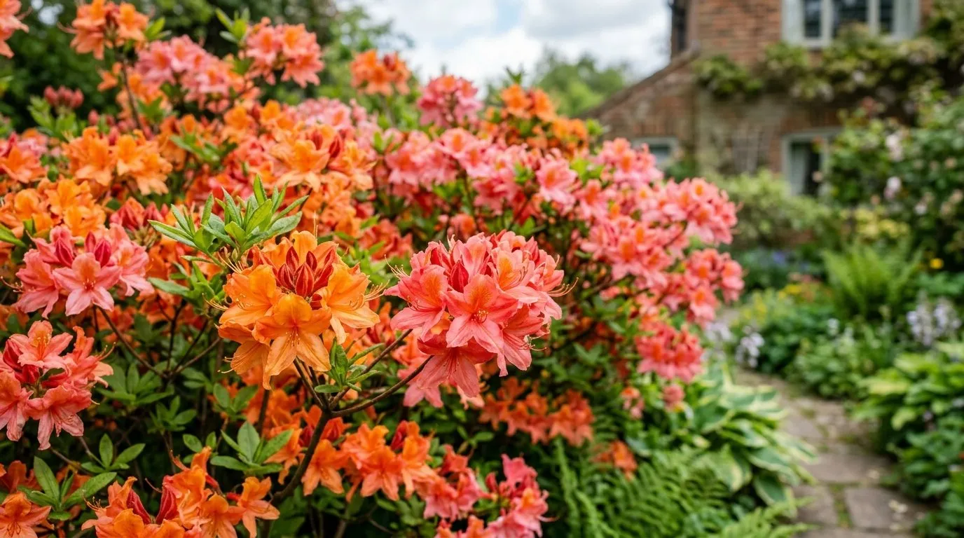 Deciduous azaleas in full flame-orange and pink flower in a UK suburban spring border