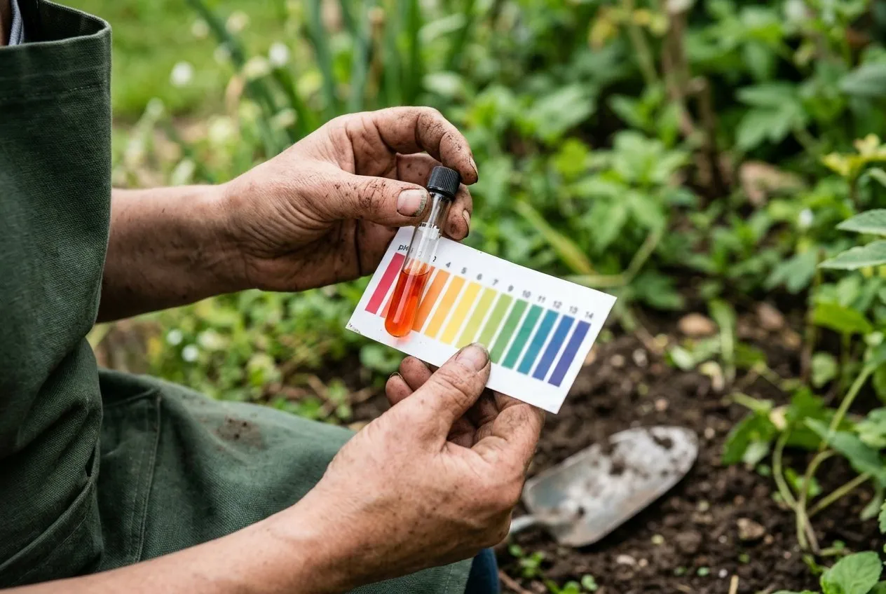 A gardener testing garden soil pH with a chemical test kit, tube of coloured liquid against a colour chart