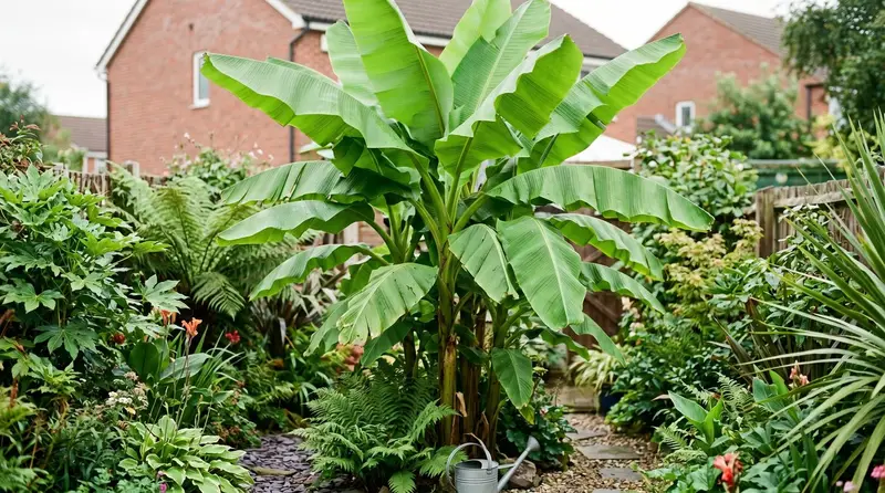 Large hardy Musa basjoo banana plant with huge green leaves in a UK exotic garden border in late summer