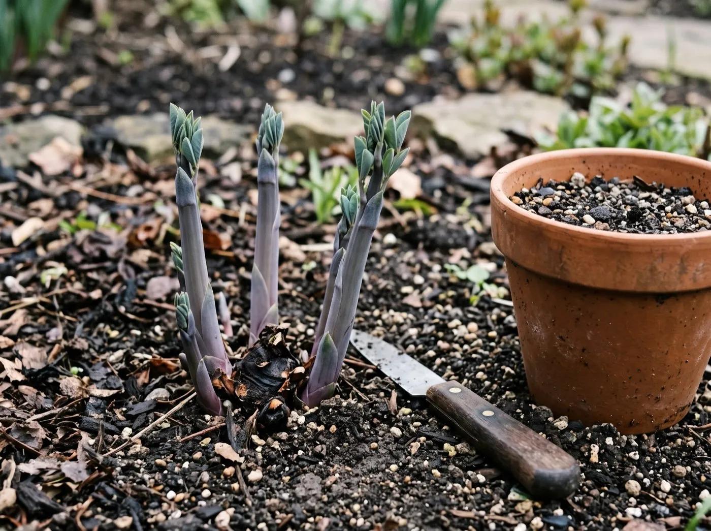 Hands taking basal cuttings from young baptisia shoots at the crown in spring