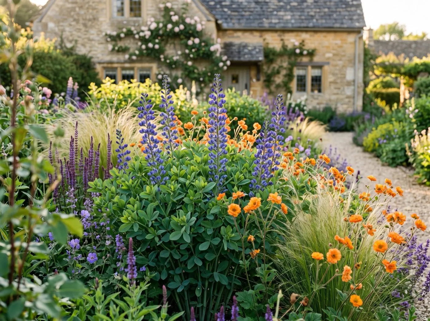 Baptisia flowering among orange geums and ornamental grasses in a colourful UK mixed border