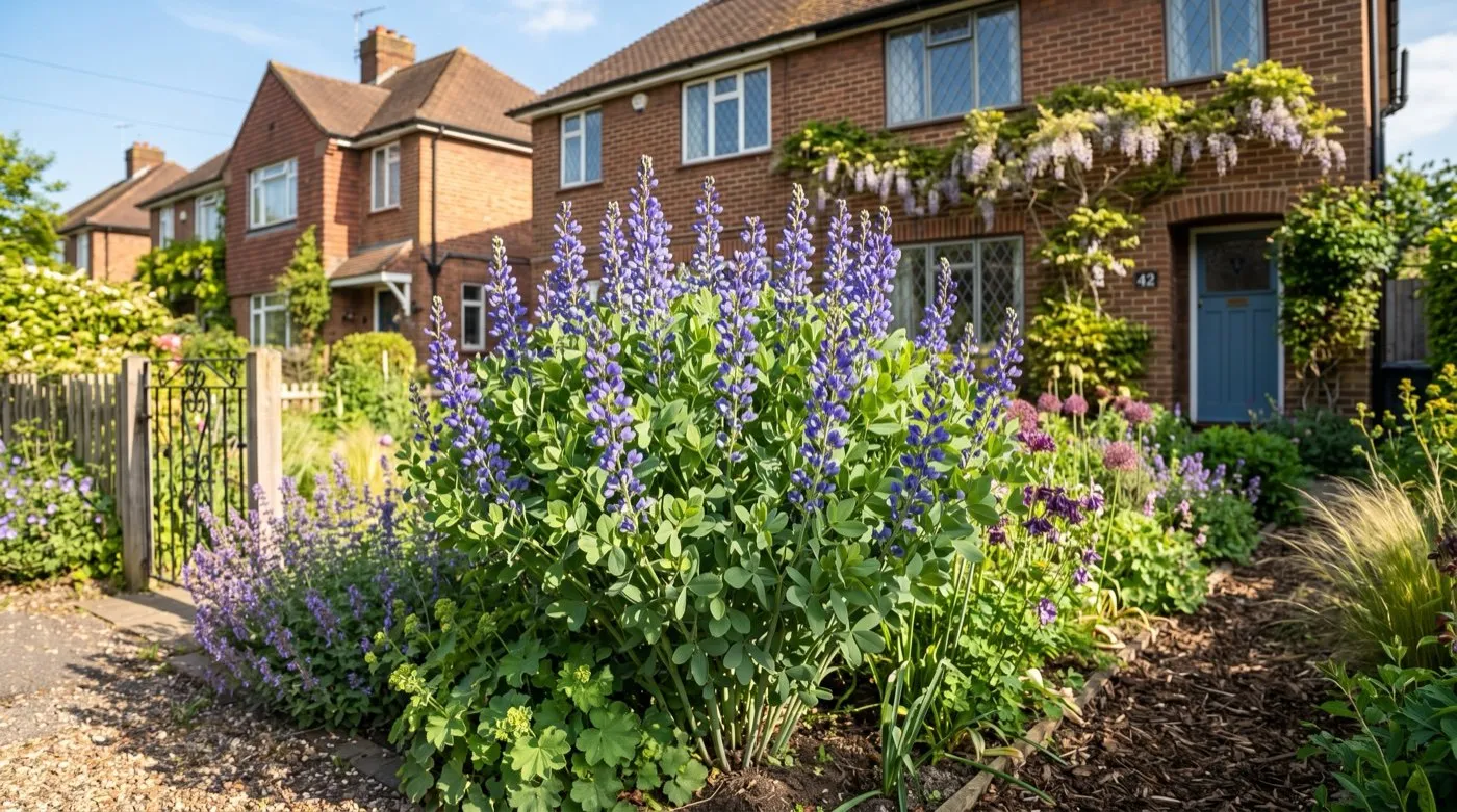 Indigo-blue baptisia false indigo spires flowering above blue-green foliage in a sunny UK border