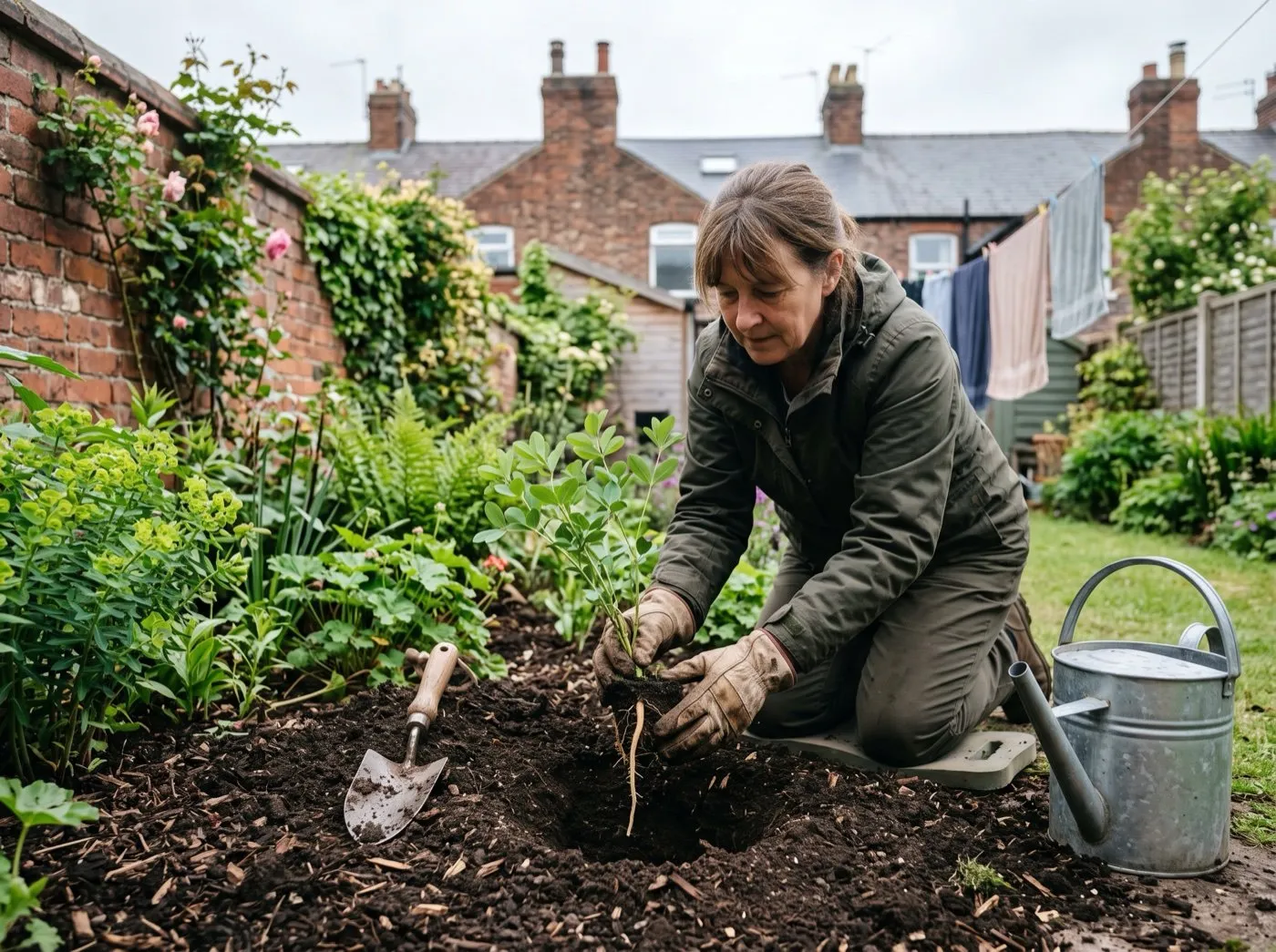 Gardener planting a young baptisia plant in a wide hole in a sunny border, taproot kept intact