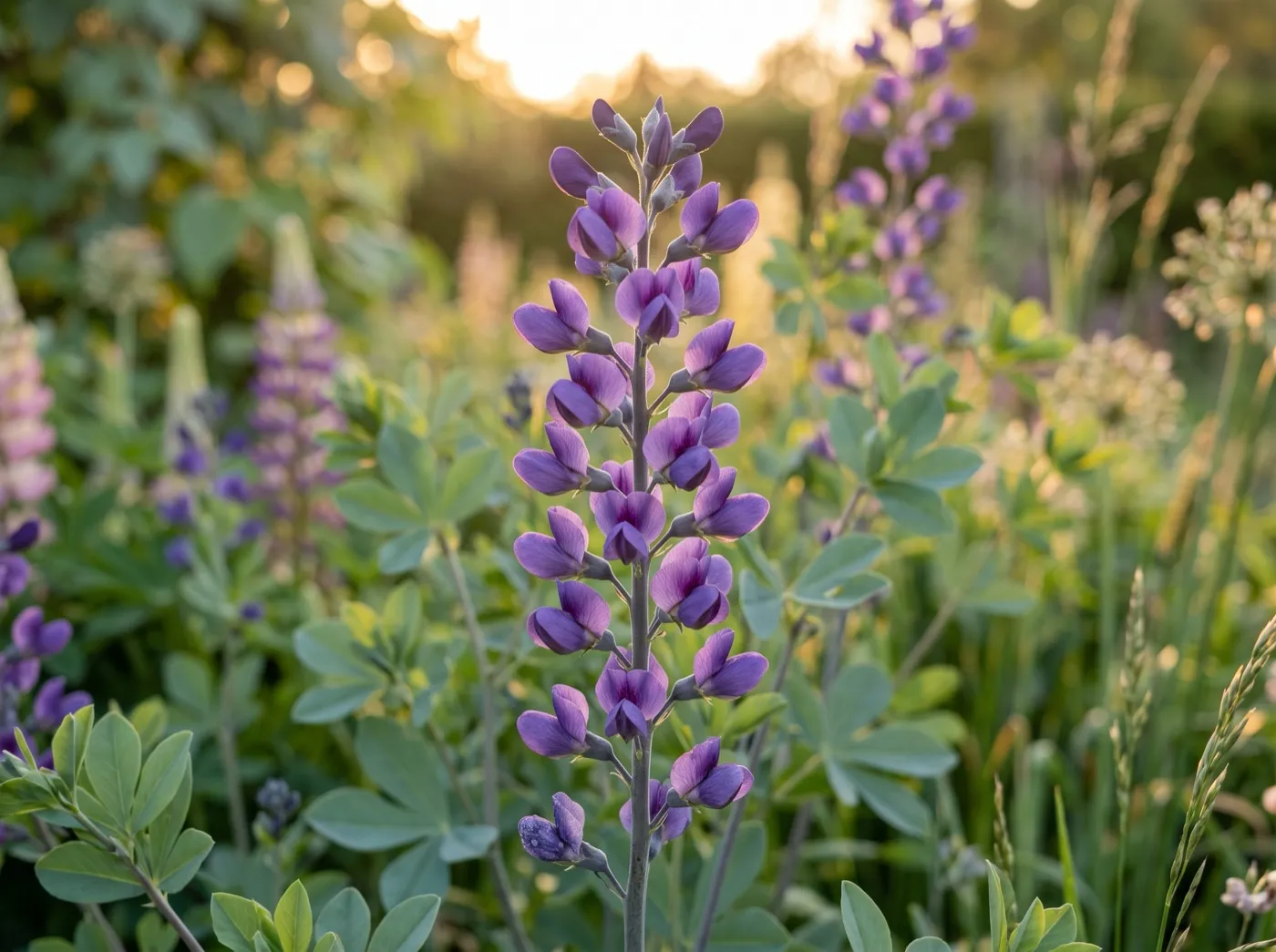 Close-up of smoky violet baptisia Purple Smoke flowers on dark charcoal stems