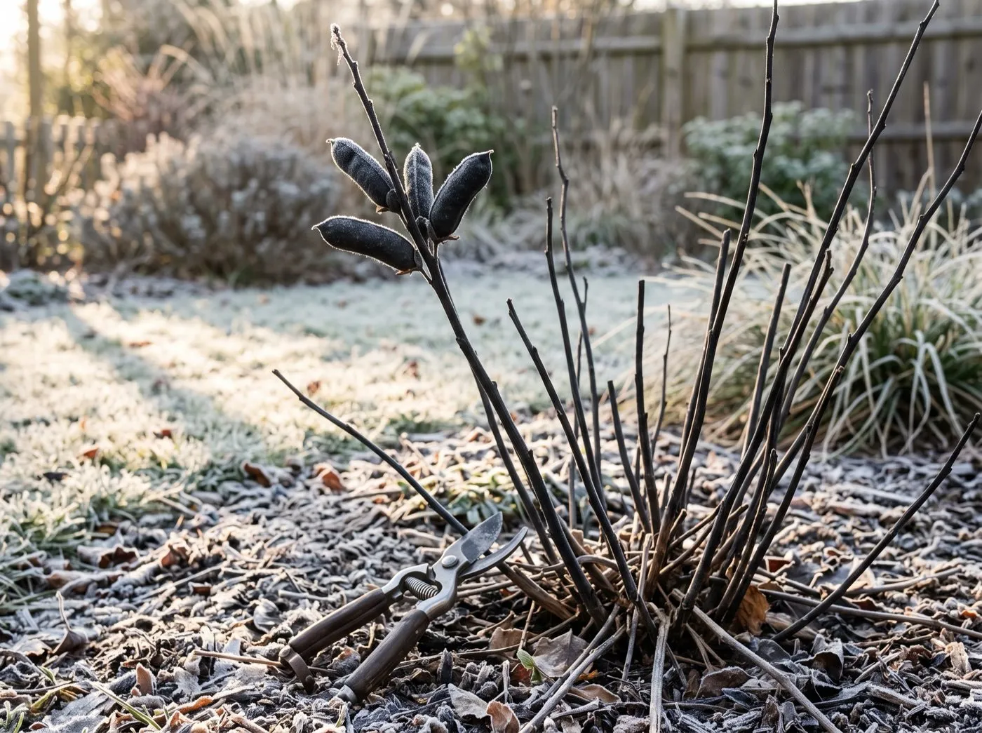 Gardener cutting blackened baptisia stems to the ground with secateurs in late winter