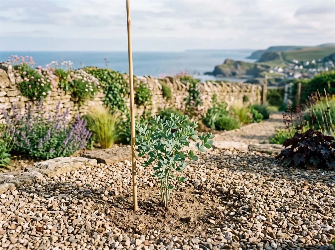 Young baptisia plant with a small tuft of blue-green foliage establishing in a UK garden border