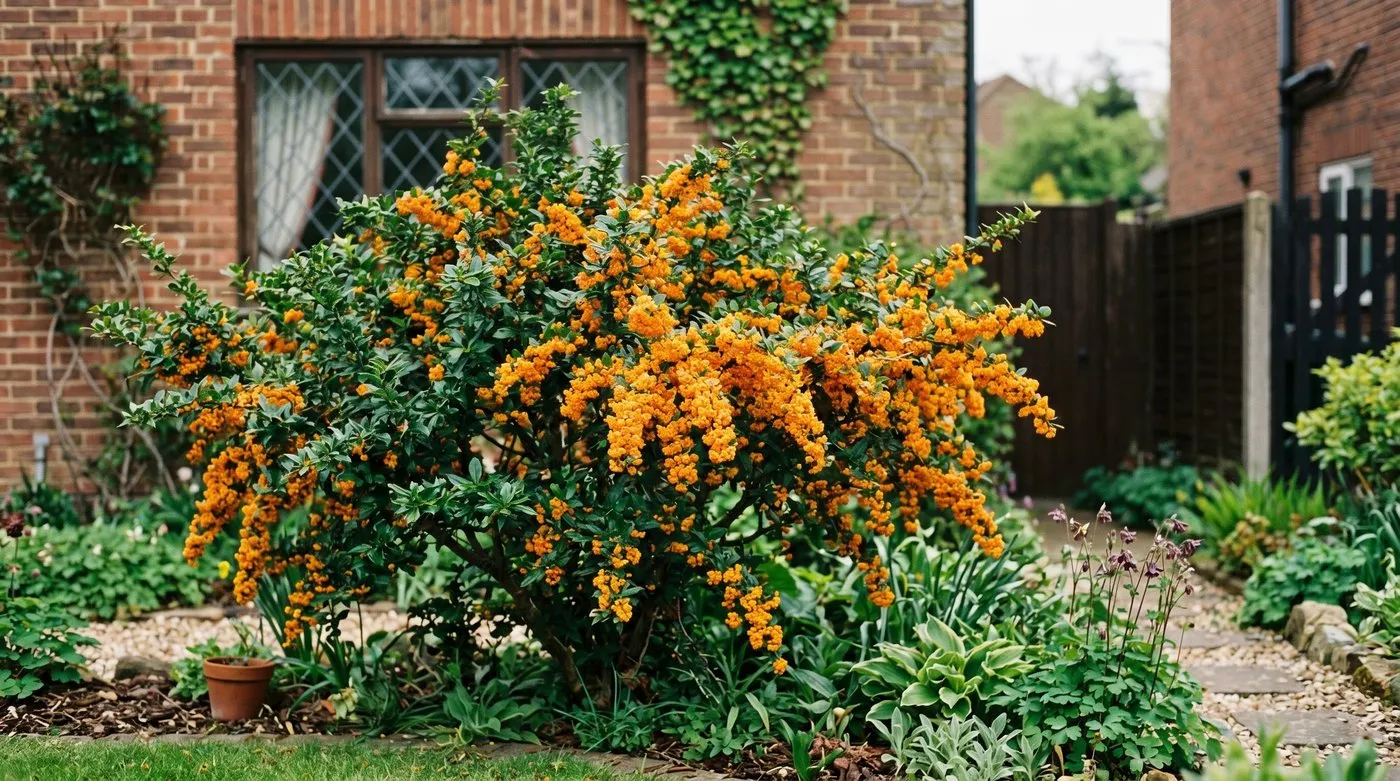 Berberis darwinii in full orange spring bloom with glossy spiny evergreen leaves in a UK garden